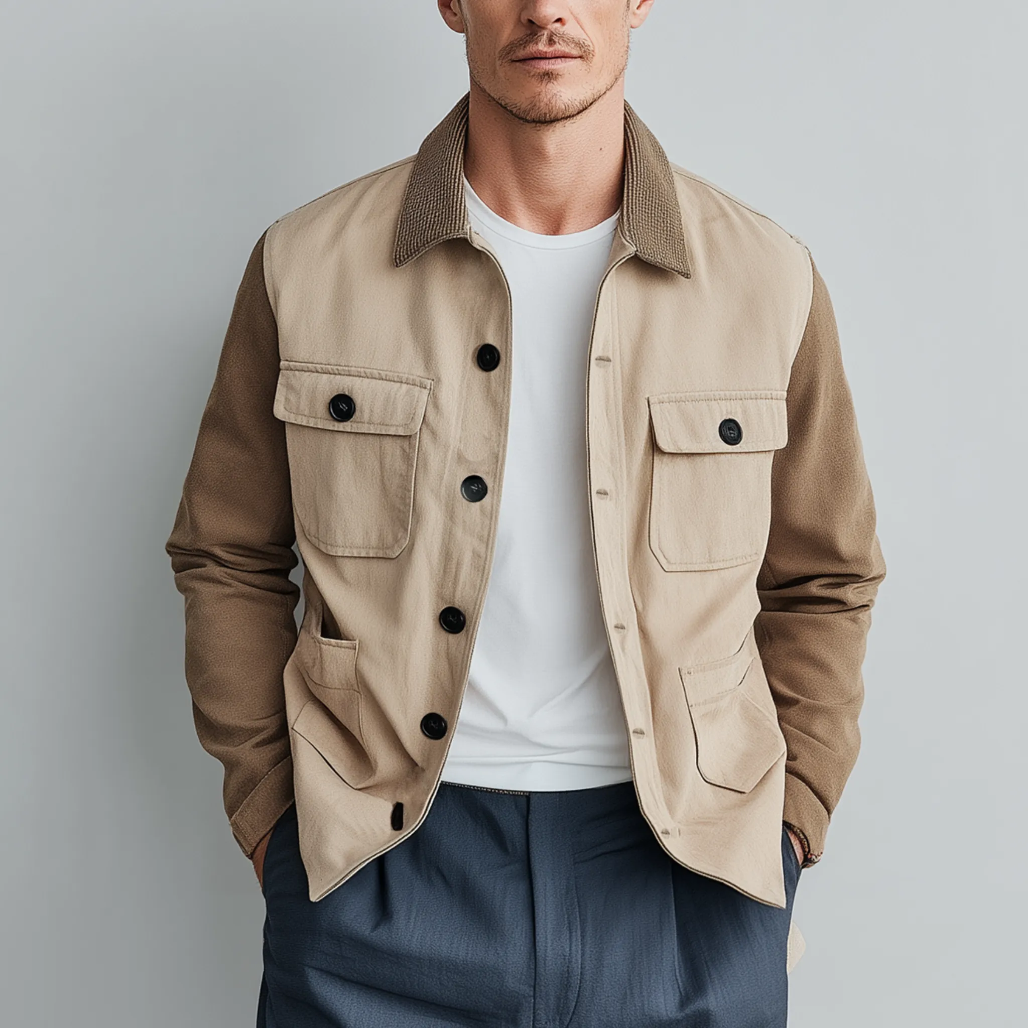 Men's Fashionable Casual Corduroy Collared Collar Stitching Suede And Cotton Blended Multi-pocket Jacket MTA2911G4K sold by Manly product image thumbnail 2