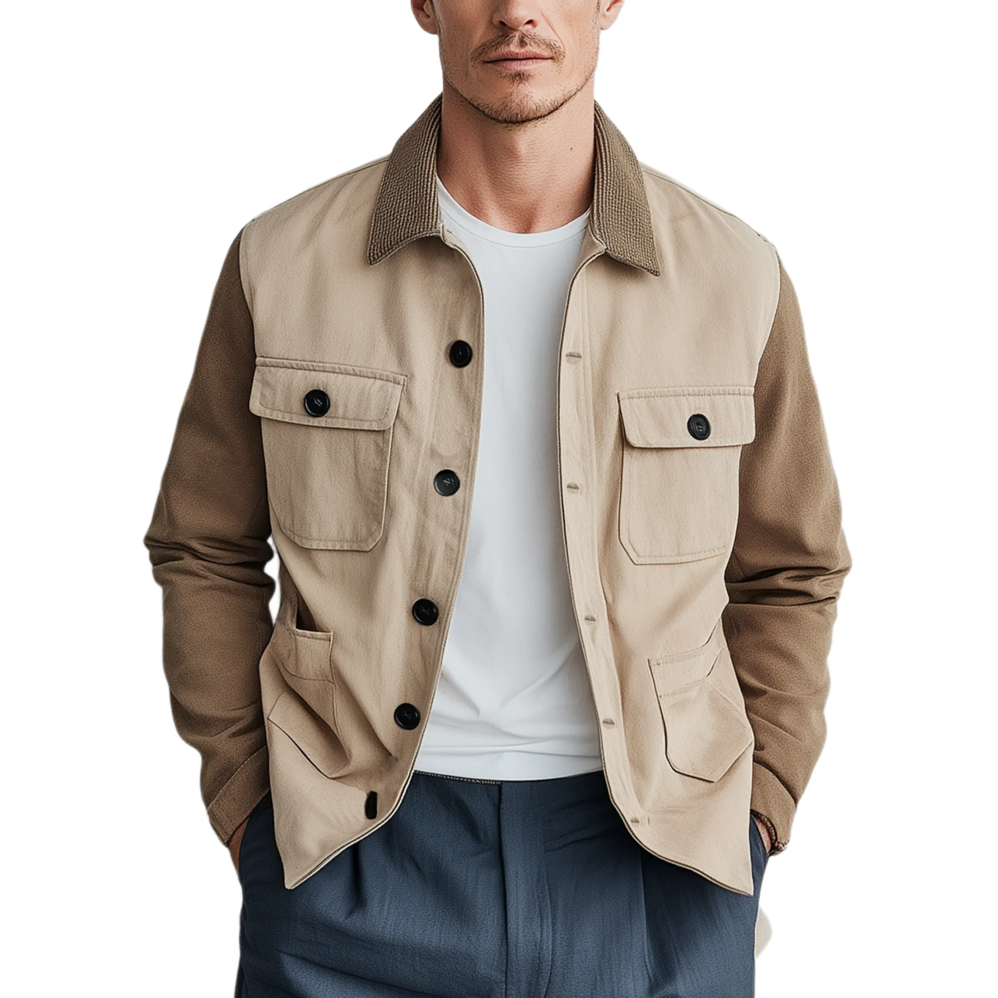 Men's Fashionable Casual Corduroy Collared Collar Stitching Suede And Cotton Blended Multi-pocket Jacket MTA2911G4K sold by Manly
