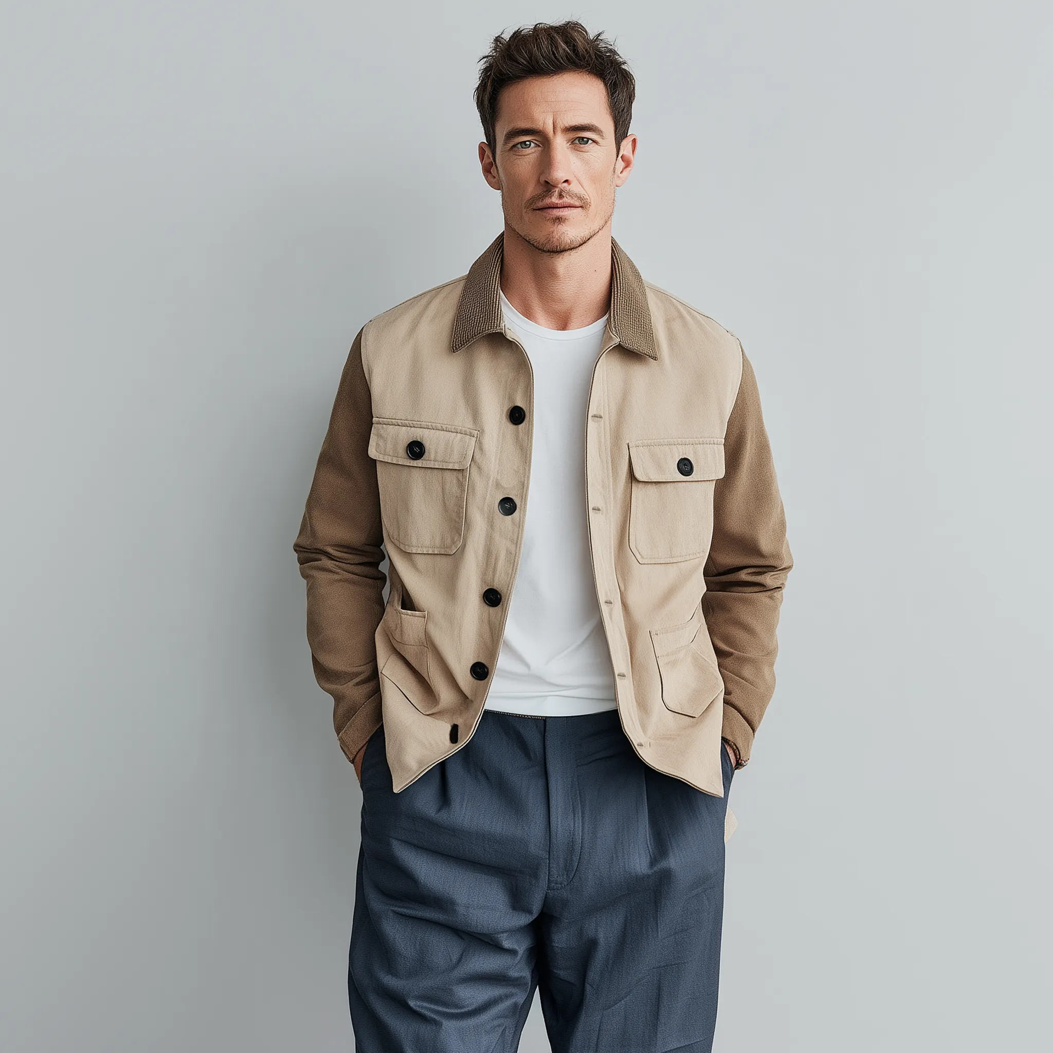 Men's Fashionable Casual Corduroy Collared Collar Stitching Suede And Cotton Blended Multi-pocket Jacket MTA2911G4K sold by Manly product image thumbnail 3