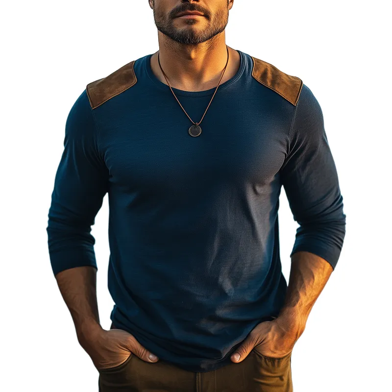 Men's Classic Cotton Crew Neck Suede Panel Long Sleeve T-Shirt MTA3041G5U sold by Manly