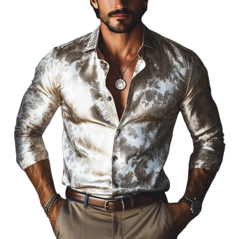 Men's Classic Satin Print Lapel Button-Down Long Sleeve Shirt MTA3018G0U sold by Manly