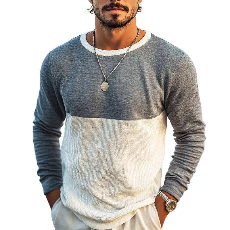 Men's Casual Colorblock Round Neck Textured Long-sleeved T-shirt MTA3058G8U sold by Manly