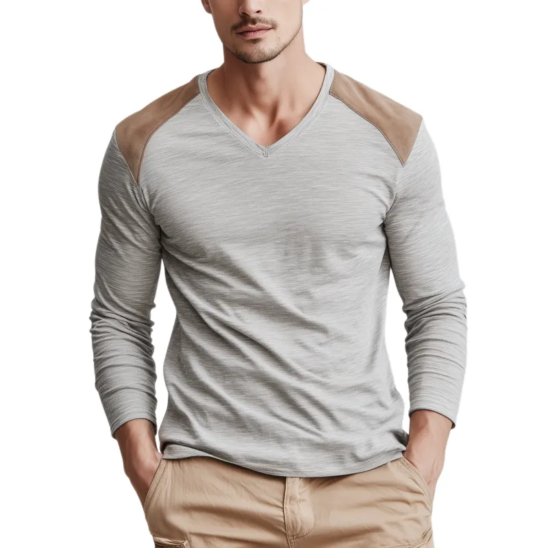 Men's Classic Casual Shoulder Stitching Thin Suede V-neck Bamboo Cotton Slim Long-sleeved T-shirt MTA3047G6K sold by Manly