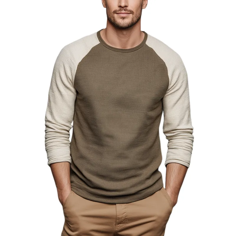 Men's Classic Casual Contrast Waffle Stitching Round Neck Long Sleeve T-shirt MTA3042G8K sold by Manly
