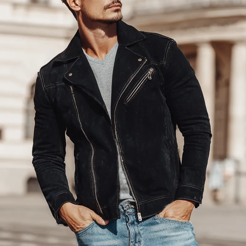 Men's Vintage Solid Color Faux Suede Diagonal Zipper Motorcycle Jacket MTA0288H3X sold by Manly product image thumbnail 2