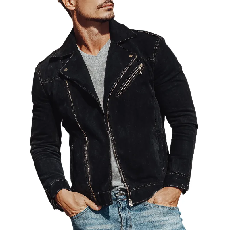 Men's Vintage Solid Color Faux Suede Diagonal Zipper Motorcycle Jacket MTA0288H3X sold by Manly product image thumbnail 4