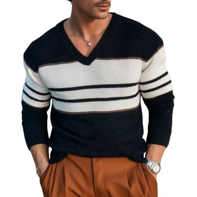 Men's Casual Colorblock V-neck Loose Pullover Knitted Long-sleeved Sweater MTA0161H9M sold by Manly