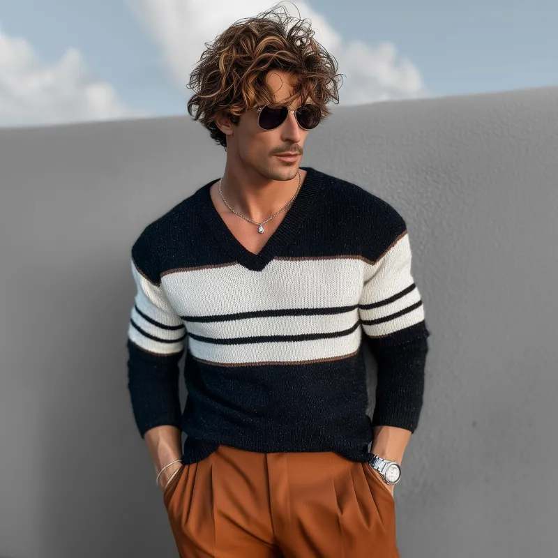 Men's Casual Colorblock V-neck Loose Pullover Knitted Long-sleeved Sweater MTA0161H9M sold by Manly product image thumbnail 3