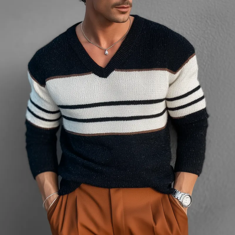 Men's Casual Colorblock V-neck Loose Pullover Knitted Long-sleeved Sweater MTA0161H9M sold by Manly product image thumbnail 2