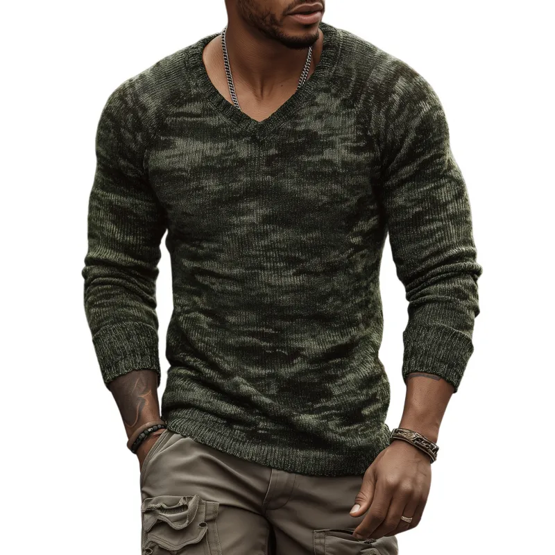Men's Casual Outdoor Camouflage Jacquard V-neck Slim Fit Pullover Knitted Long-sleeved Sweater MTA0118H6M made by Manly