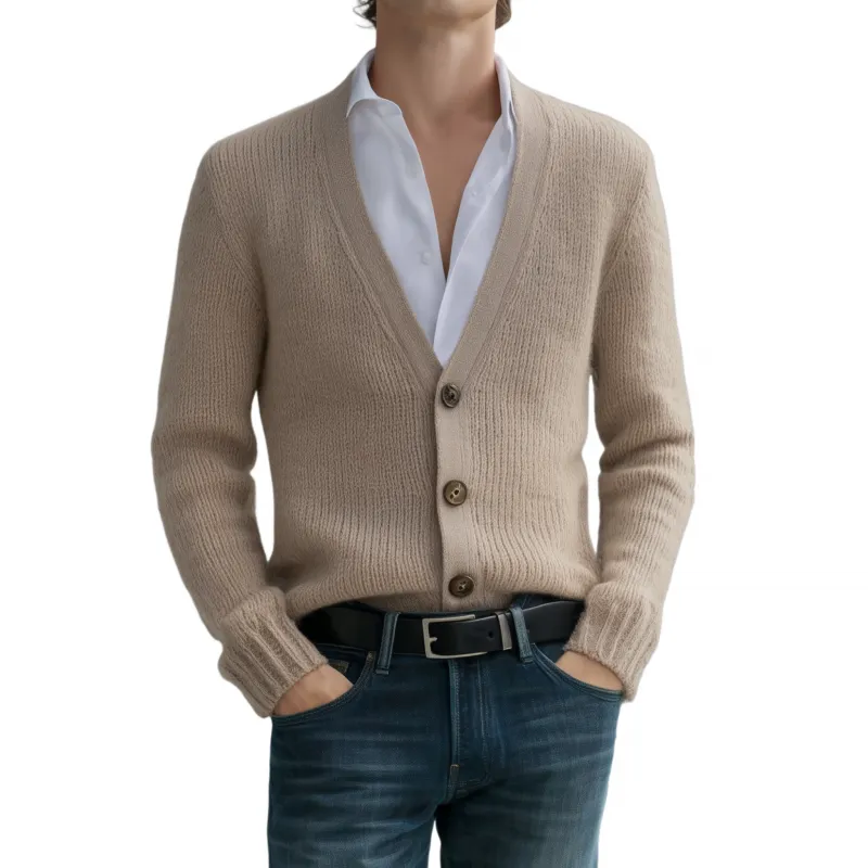 Men's Vintage Elegant Solid Color V-Neck Single-Breasted Slim Fit Soft Knit Cardigan MTA0196H2M sold by Manly