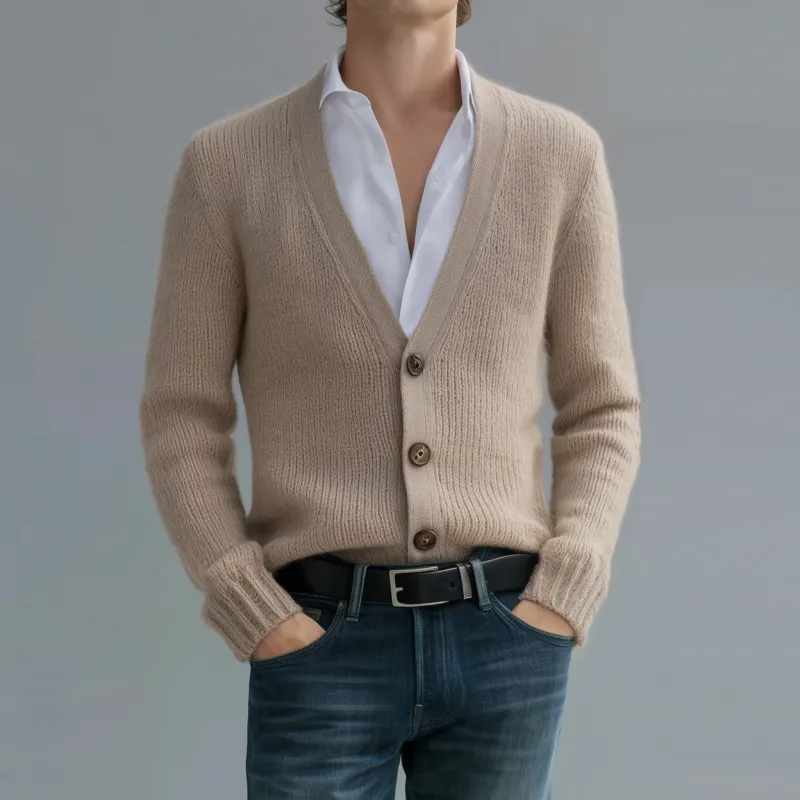 Men's Vintage Elegant Solid Color V-Neck Single-Breasted Slim Fit Soft Knit Cardigan MTA0196H2M sold by Manly product image thumbnail 2