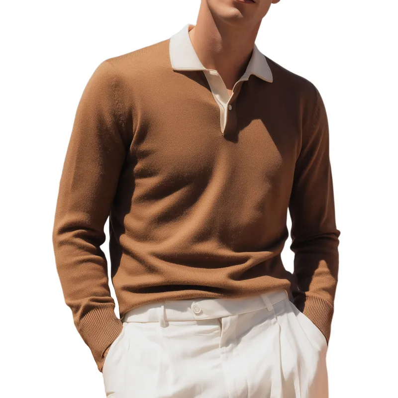Men's Vintage Elegant Colorblock Lapel Slim Fit Pullover Knitted Long Sleeve Polo Shirt MTA0130H3M sold by Manly