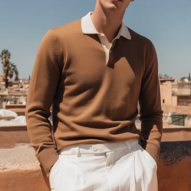 Men's Vintage Elegant Colorblock Lapel Slim Fit Pullover Knitted Long Sleeve Polo Shirt MTA0130H3M sold by Manly product image thumbnail 2