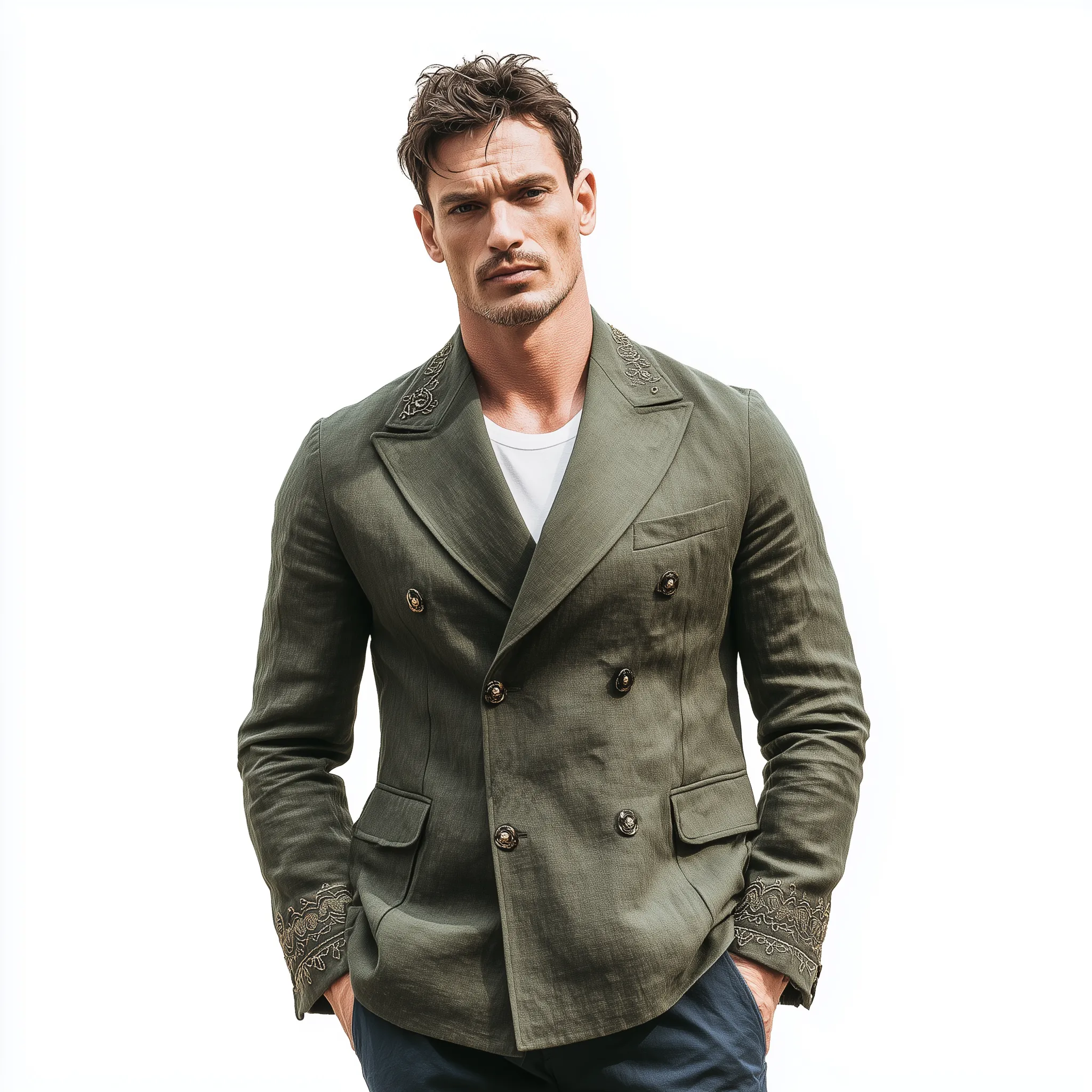 Men's Classic Vintage Cotton And Linen Blend Embroidered Double-breasted Slim-fit Blazer MTA0227H7K sold by Manly product image thumbnail 2