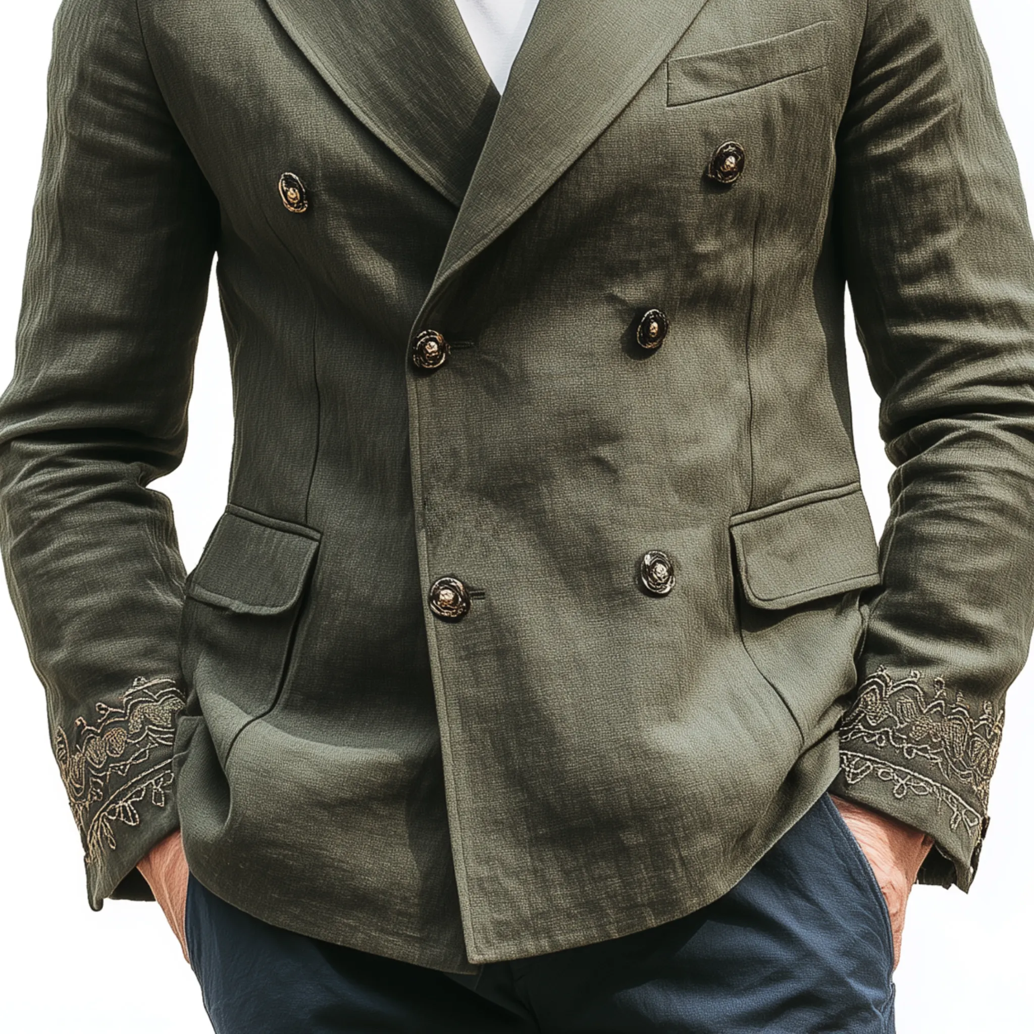 Men's Classic Vintage Cotton And Linen Blend Embroidered Double-breasted Slim-fit Blazer MTA0227H7K sold by Manly product image thumbnail 4