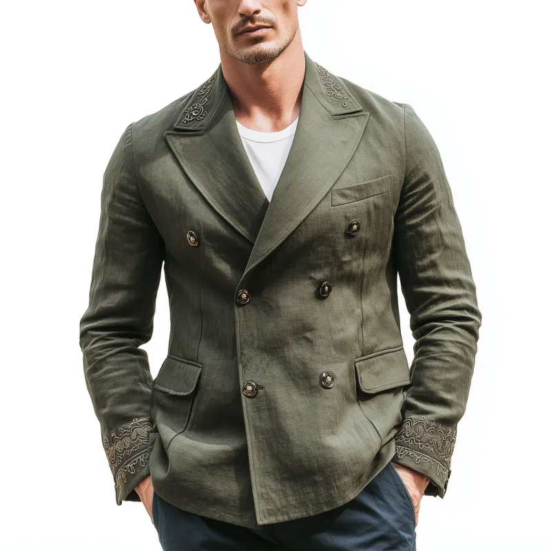 Men's Classic Vintage Cotton And Linen Blend Embroidered Double-breasted Slim-fit Blazer MTA0227H7K sold by Manly