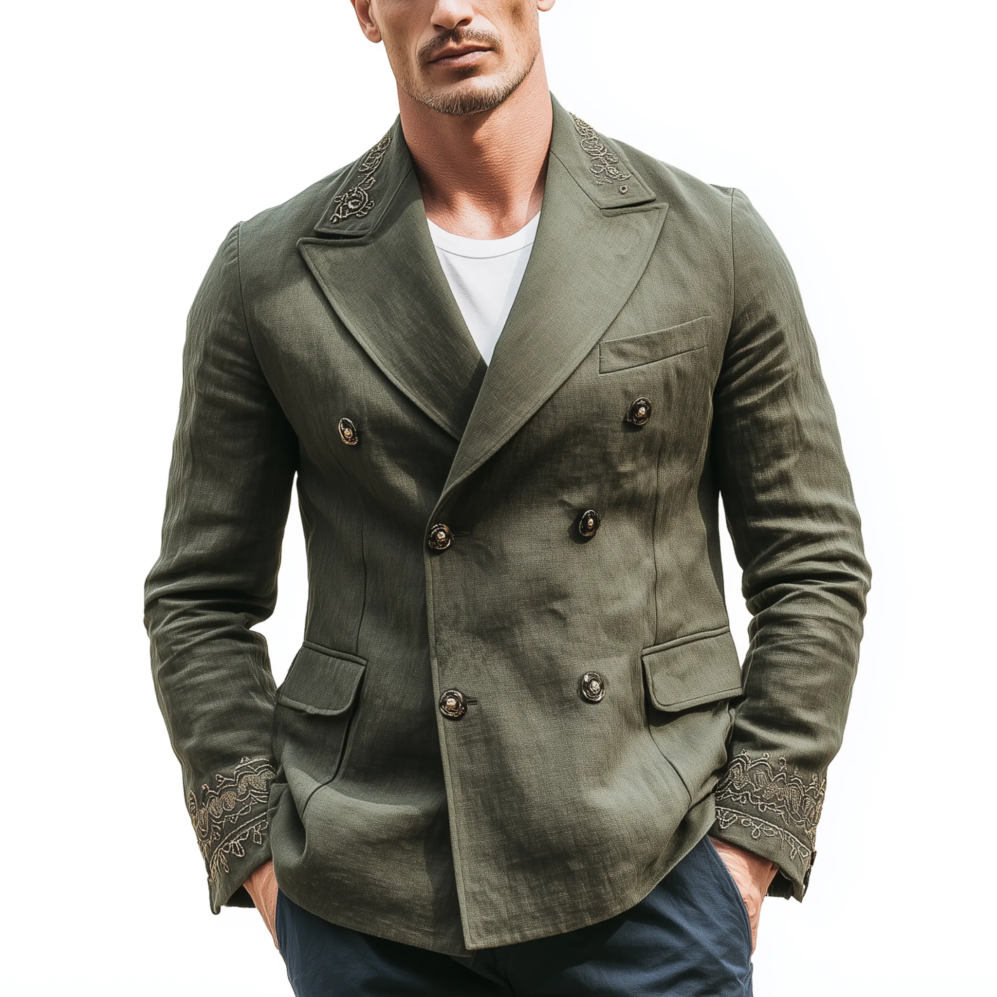 Men's Classic Vintage Cotton And Linen Blend Embroidered Double-breasted Slim-fit Blazer MTA0227H7K sold by Manly