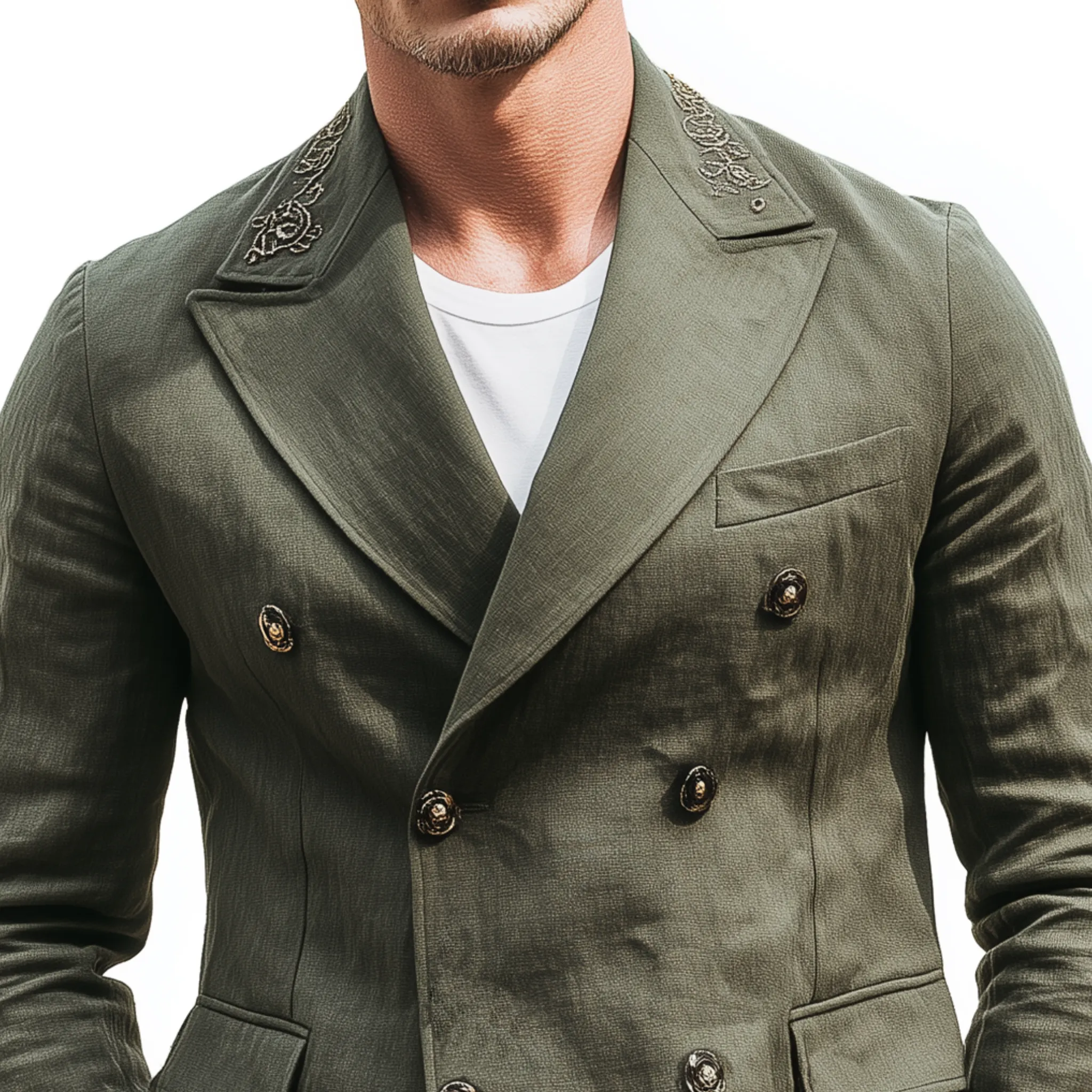 Men's Classic Vintage Cotton And Linen Blend Embroidered Double-breasted Slim-fit Blazer MTA0227H7K sold by Manly product image thumbnail 3