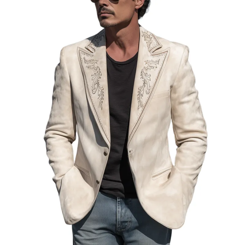 Men's Classic Retro Western Cowboy Style Suede Embroidered Single-breasted Blazer MTA0217H3K sold by Manly