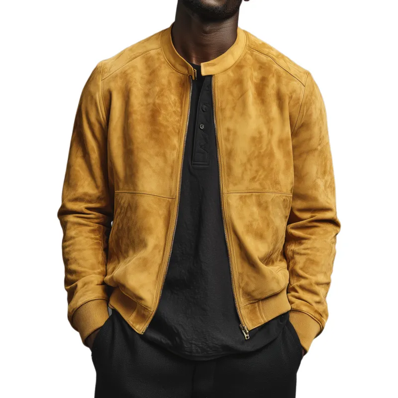 Men's Classic Casual Suede Stand Collar Loose Zipper Thin Jacket MTA0271H2K sold by Manly