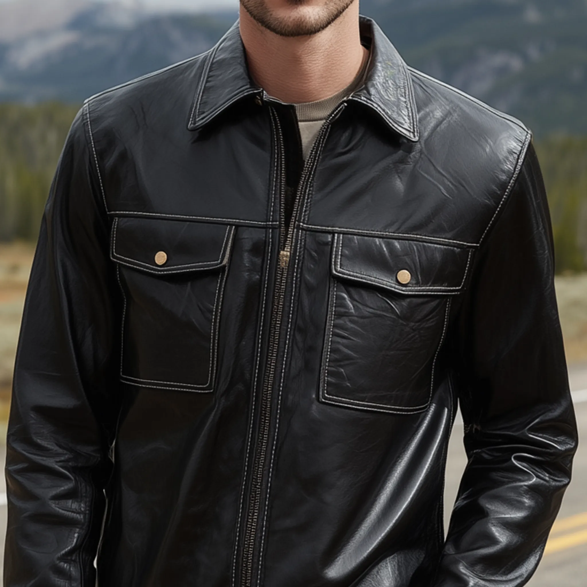 Men's Classic Vintage Textured Leather Lapel Zipper Slim Fit Jacket MTA0241H4K sold by Manly product image thumbnail 4