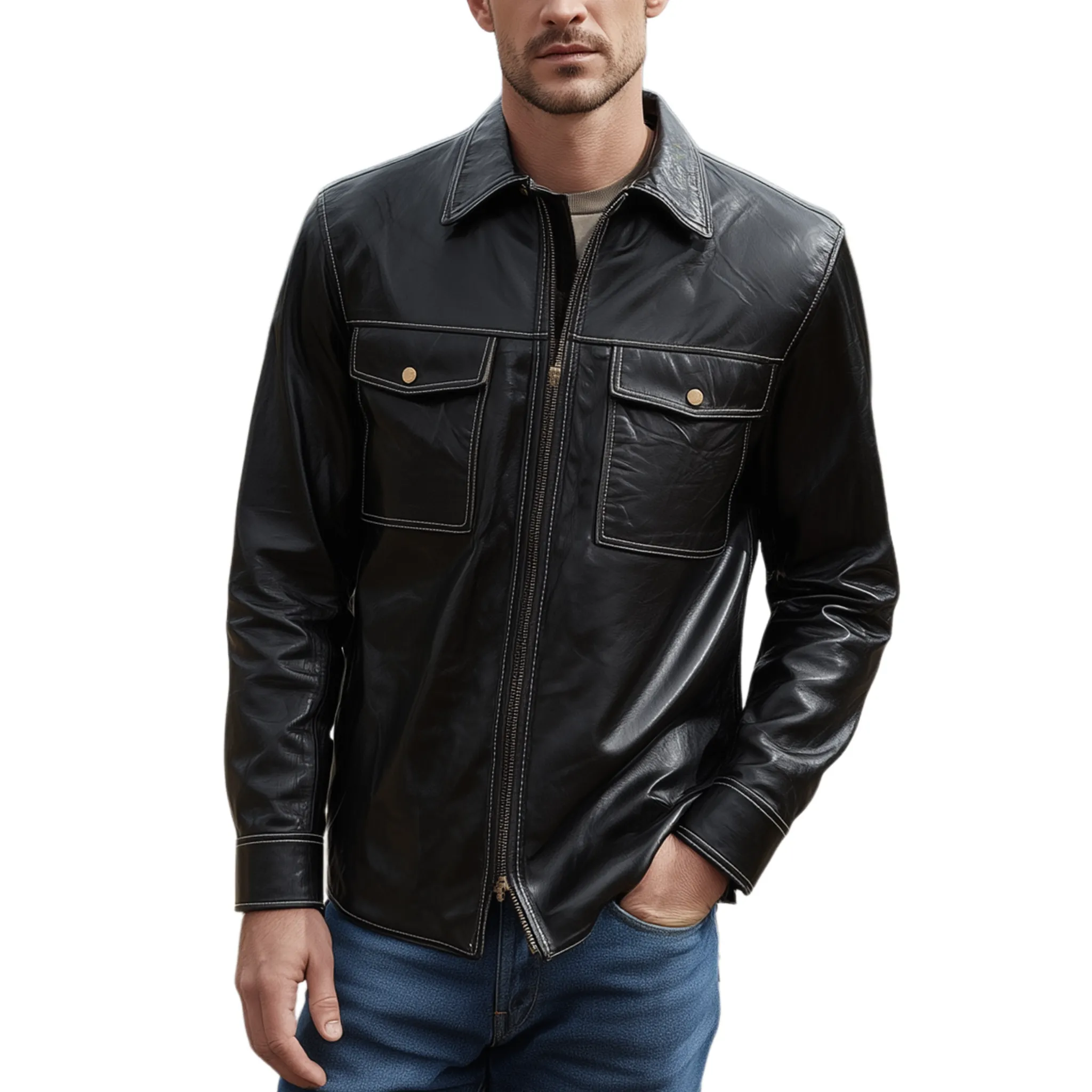 Men's Classic Vintage Textured Leather Lapel Zipper Slim Fit Jacket MTA0241H4K sold by Manly