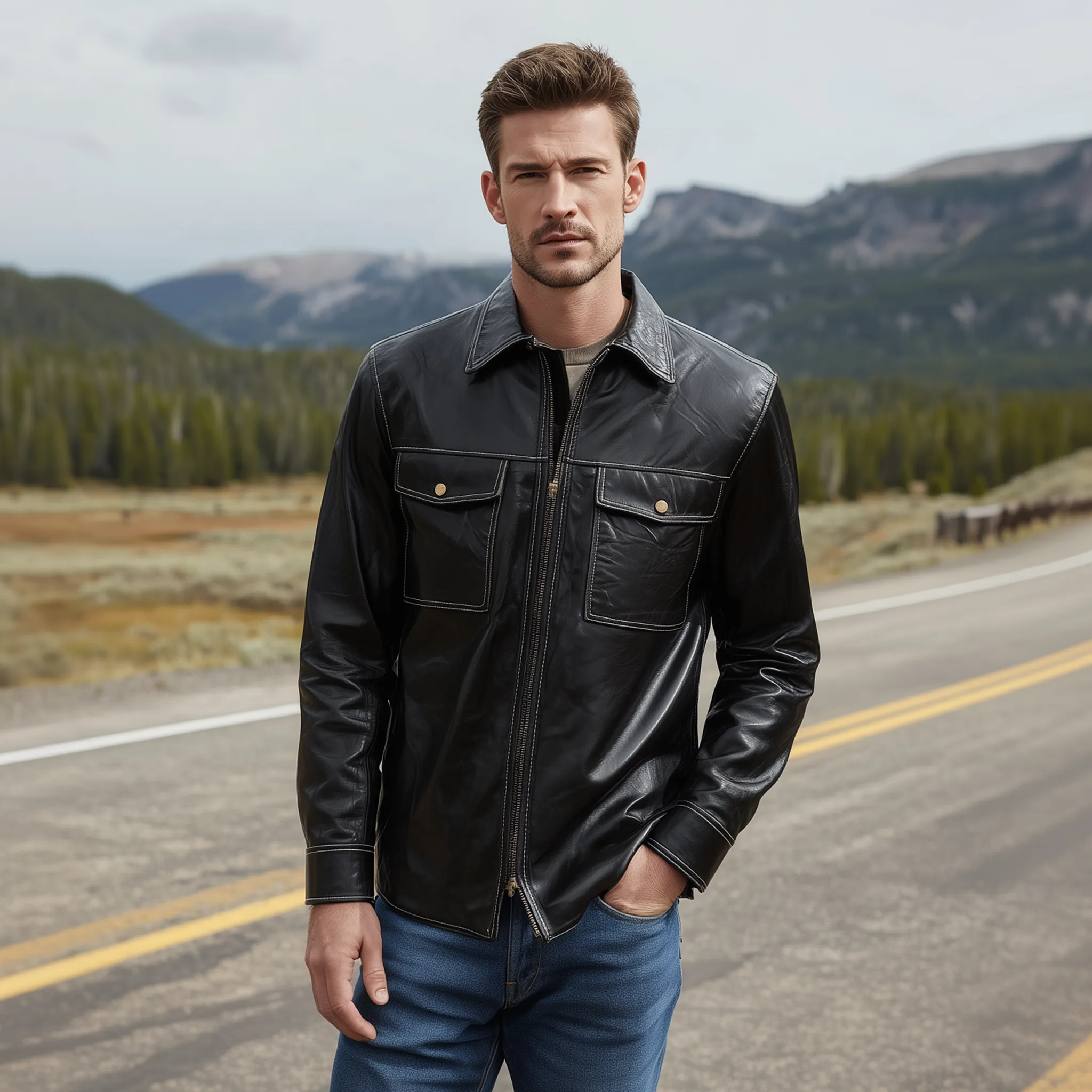 Men's Classic Vintage Textured Leather Lapel Zipper Slim Fit Jacket MTA0241H4K sold by Manly product image thumbnail 3