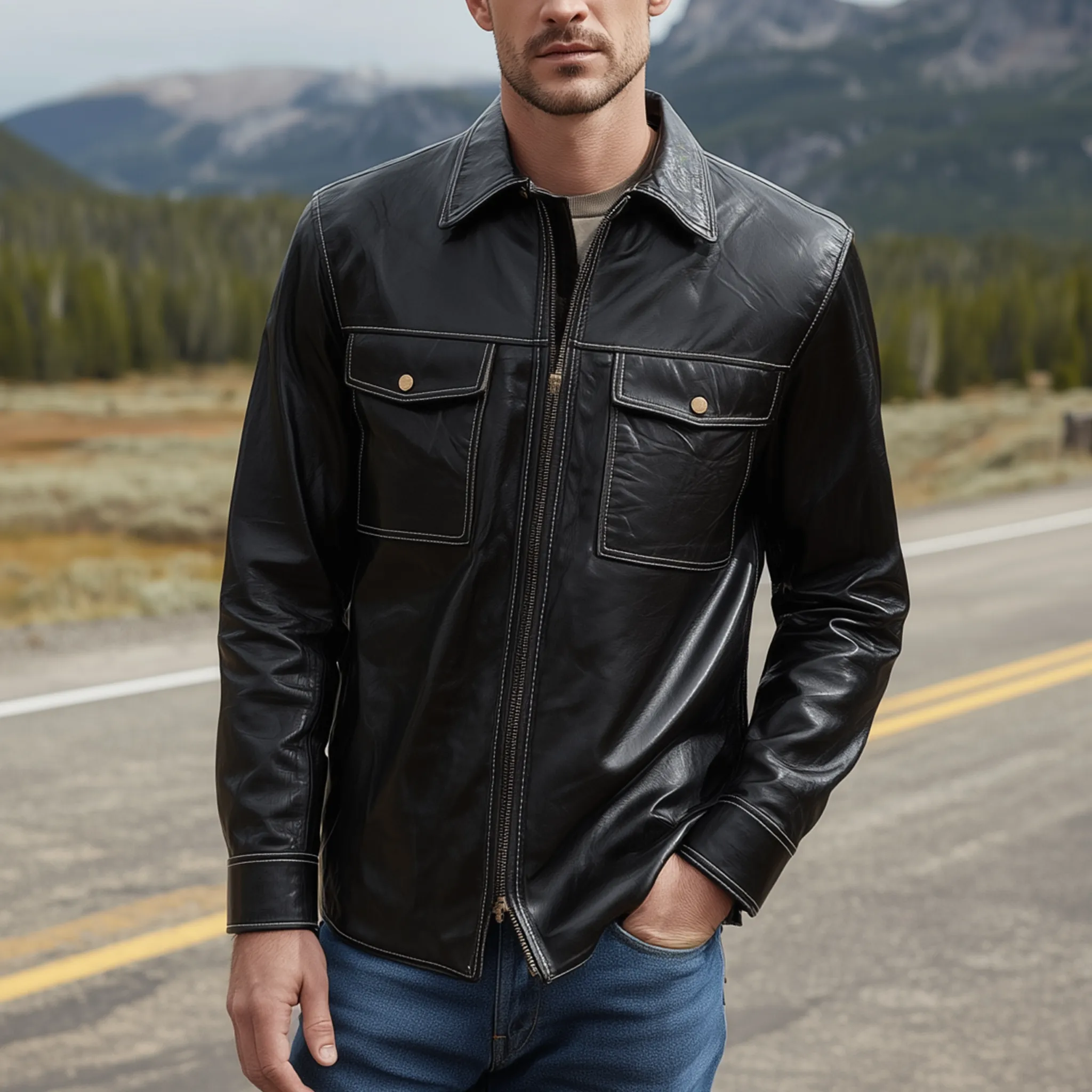 Men's Classic Vintage Textured Leather Lapel Zipper Slim Fit Jacket MTA0241H4K sold by Manly product image thumbnail 2