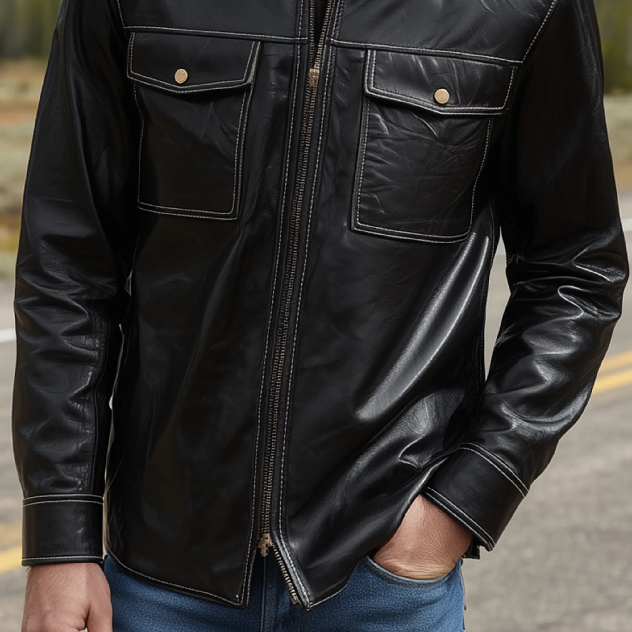 Men's Classic Vintage Textured Leather Lapel Zipper Slim Fit Jacket MTA0241H4K sold by Manly product image thumbnail 5