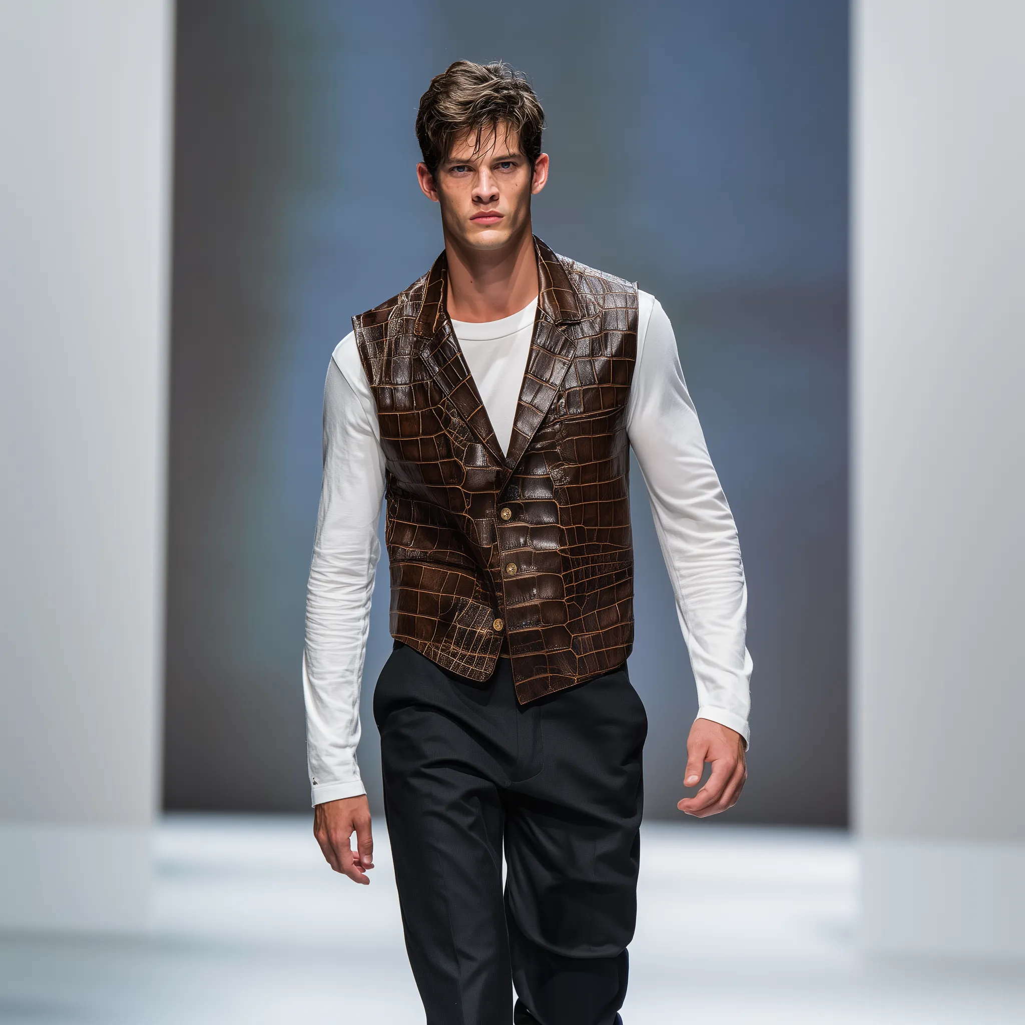 Men's Classic Retro Textured Leather Blazer Collar Single-breasted Slim Vest MTA0248H1K sold by Manly product image thumbnail 3