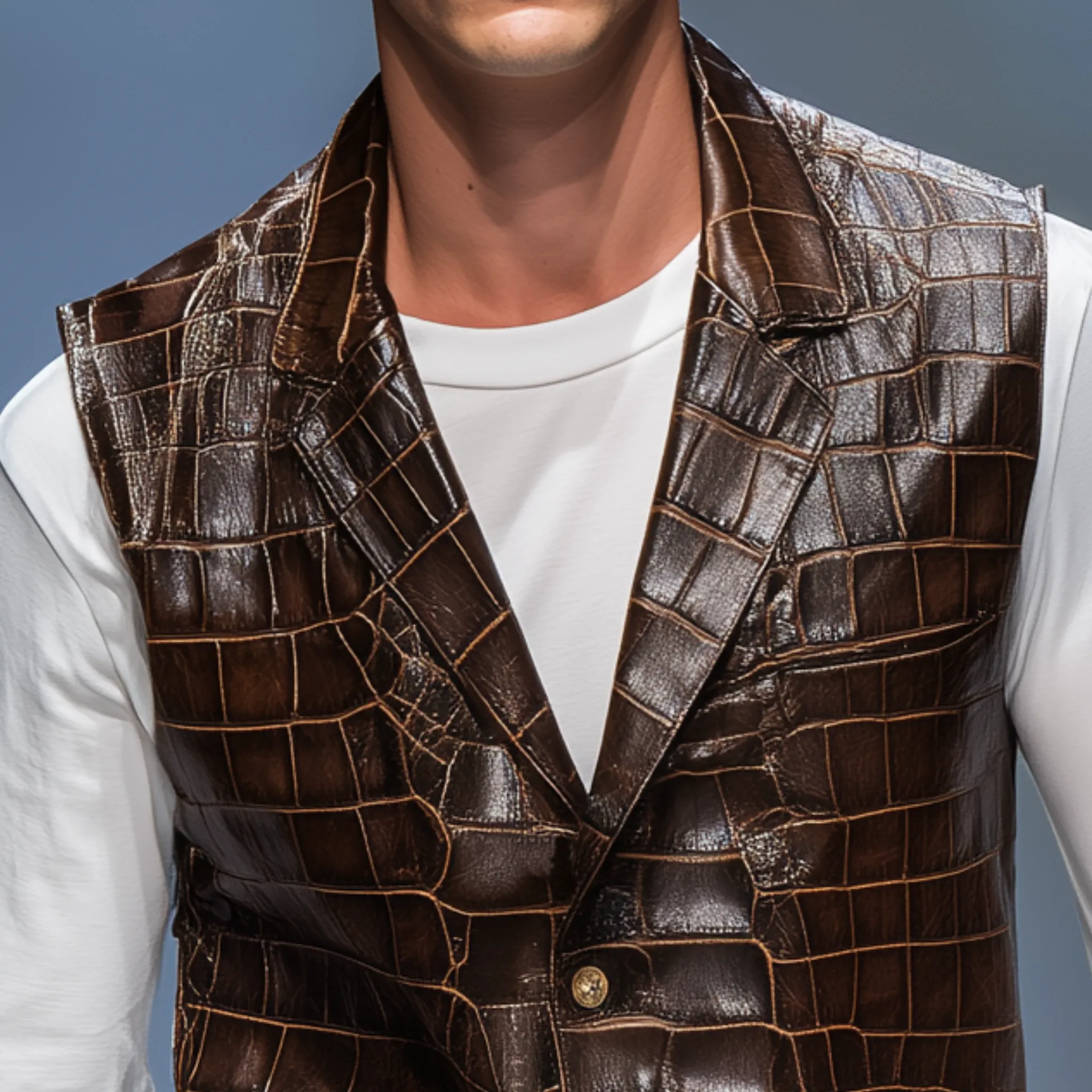 Men's Classic Retro Textured Leather Blazer Collar Single-breasted Slim Vest MTA0248H1K sold by Manly product image thumbnail 4