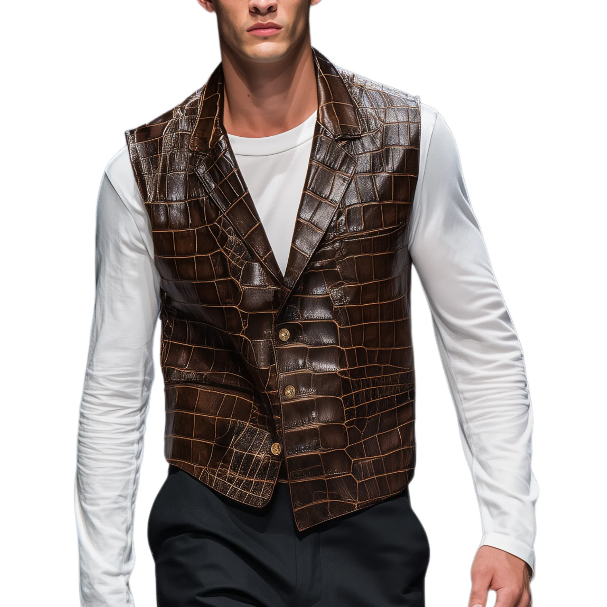 Men's Classic Retro Textured Leather Blazer Collar Single-breasted Slim Vest MTA0248H1K sold by Manly