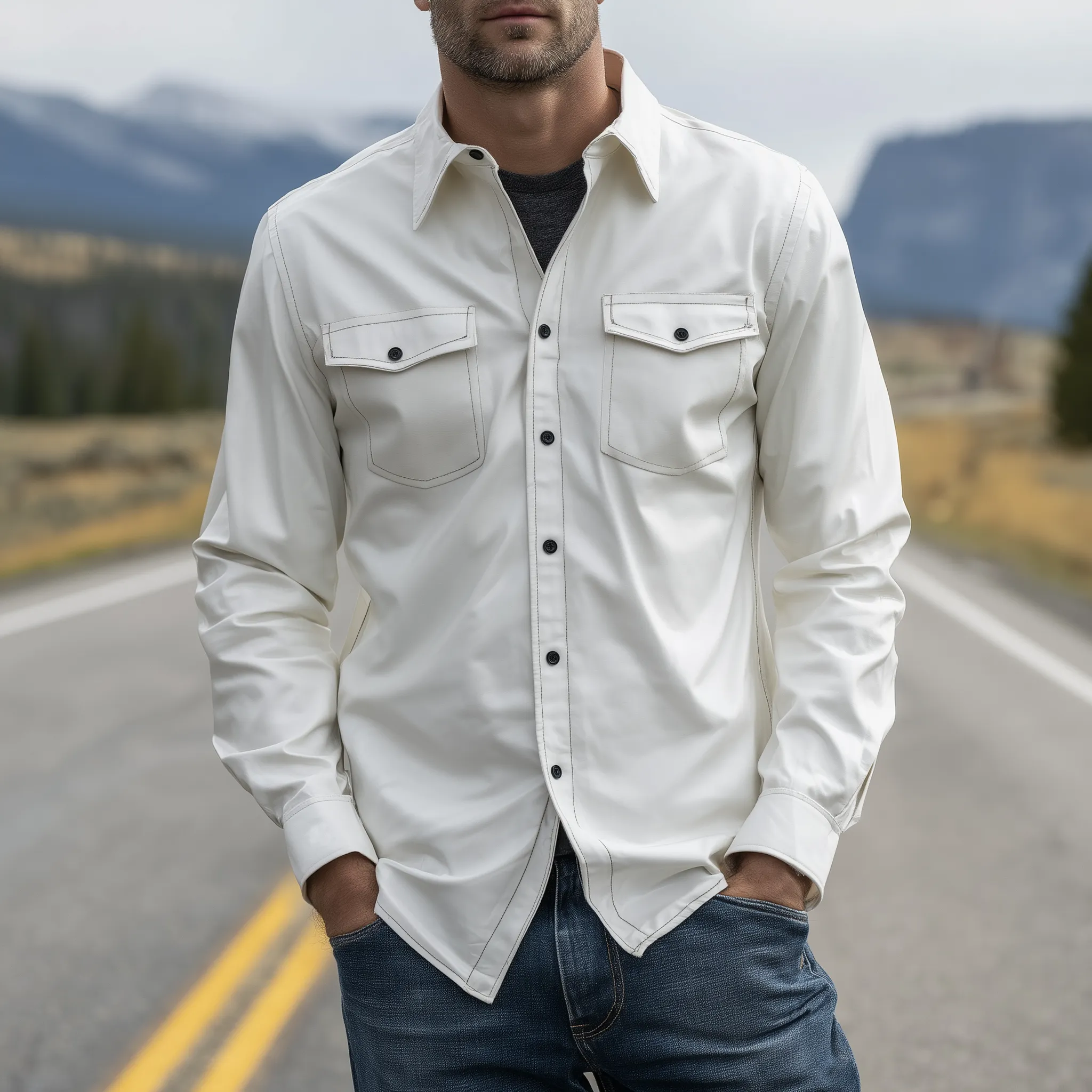 Men's Classic Casual PU Leather Lapel Long-sleeved Shirt MTA0232H6K sold by Manly product image thumbnail 2