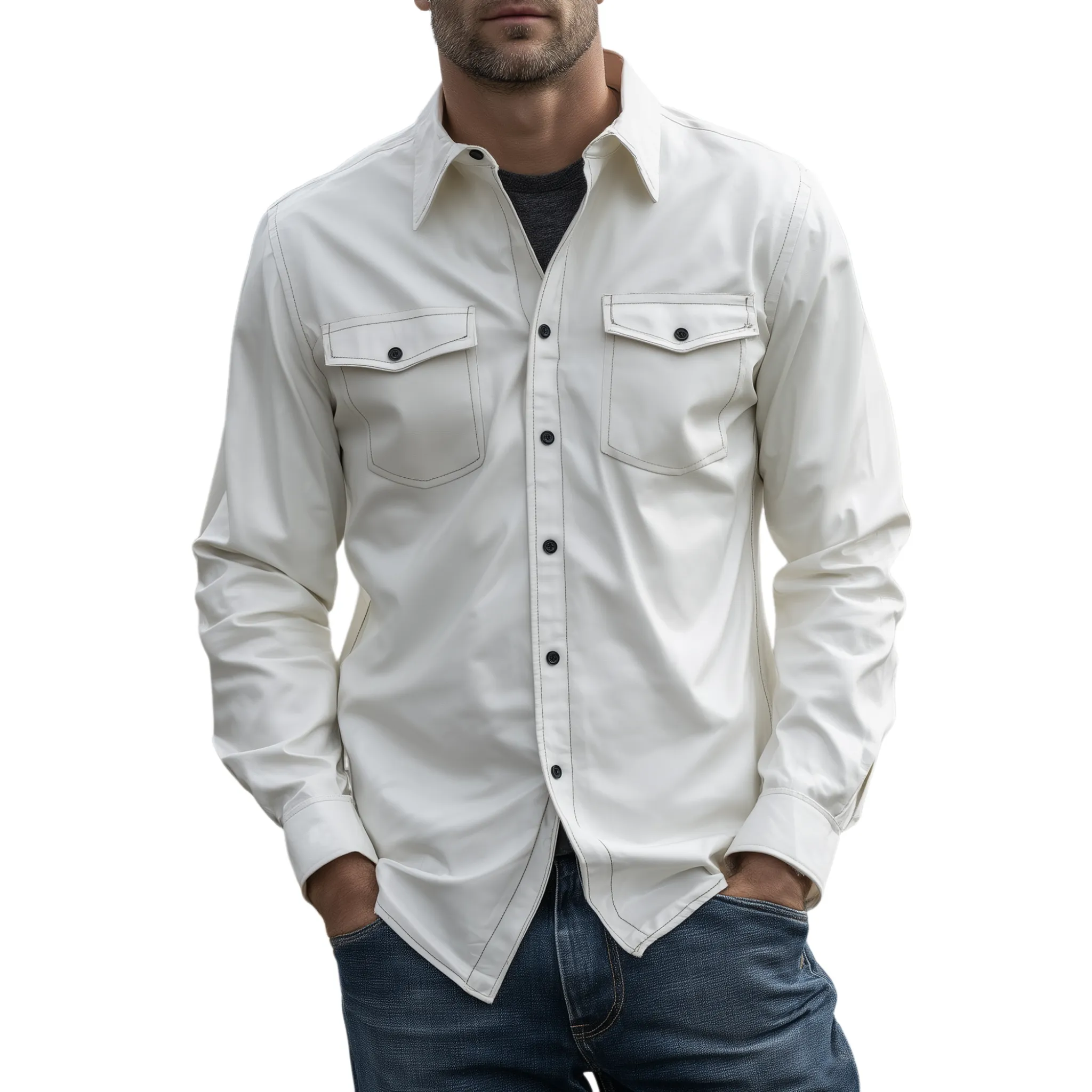 Men's Classic Casual PU Leather Lapel Long-sleeved Shirt MTA0232H6K sold by Manly