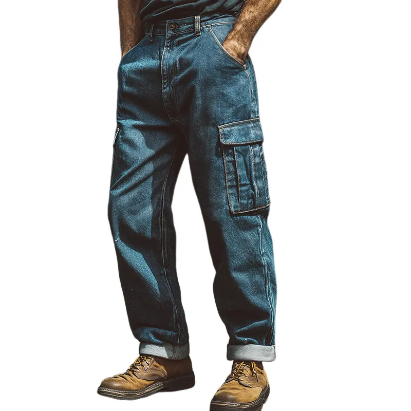 Men's Retro Casual Washed Distressed Denim Outdoor Durable Cargo Pants MTA3186G1TO sold by Manly