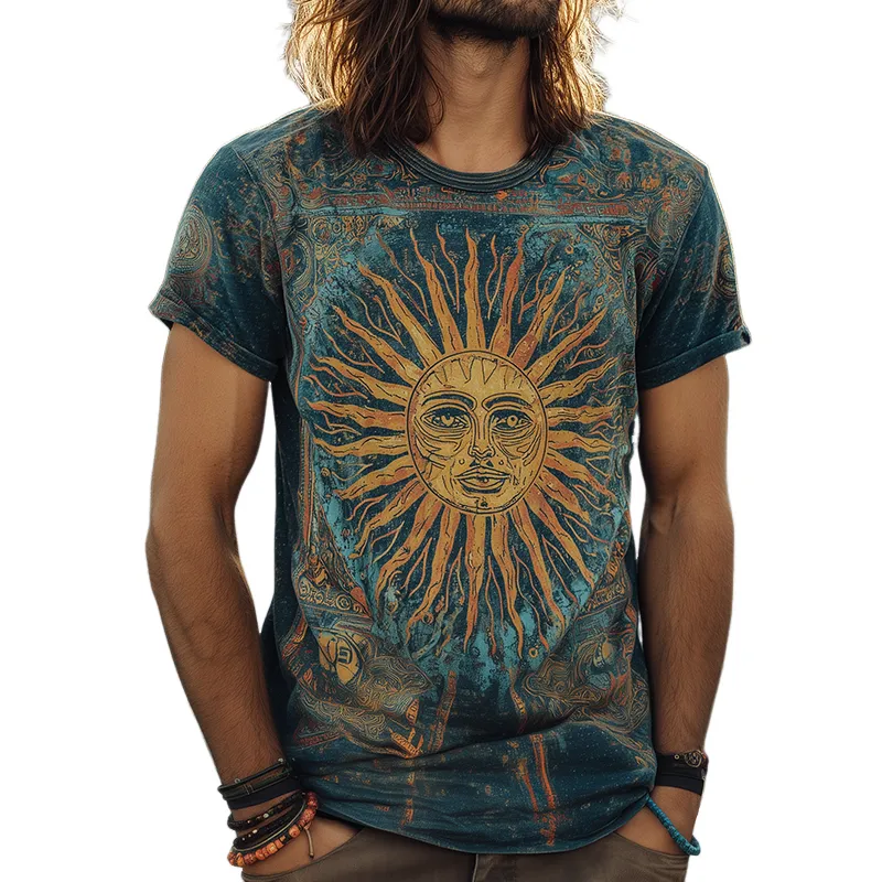 Men's Retro Casual Hippie Style Printed Round Neck Short Sleeve T-Shirt MTA0119H3TO sold by Manly