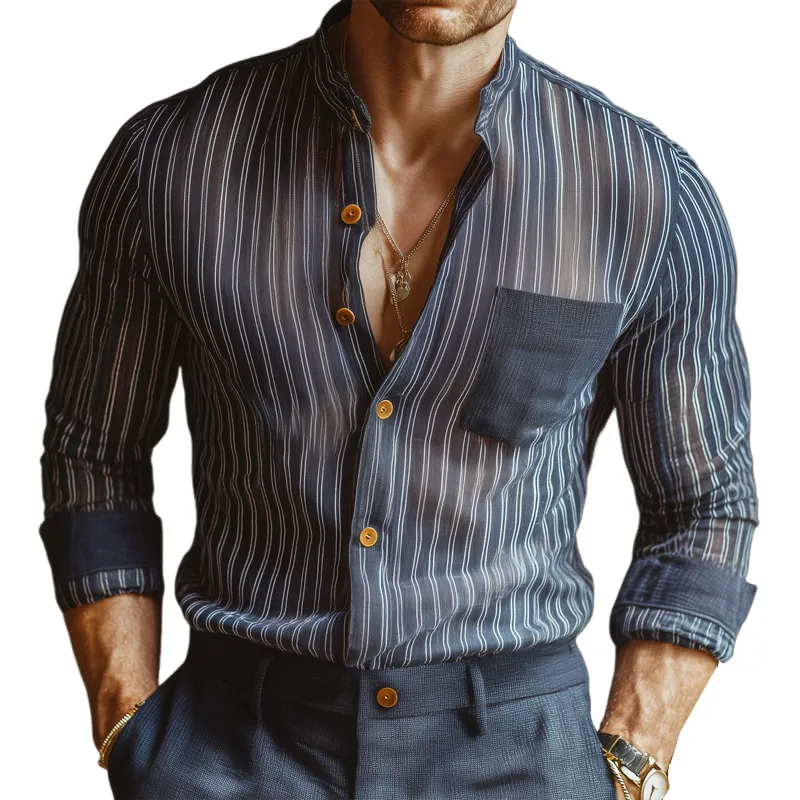 Men's Business Chiffon Striped Stand Collar Long Sleeve Shirt MTA0289H8U sold by Manly