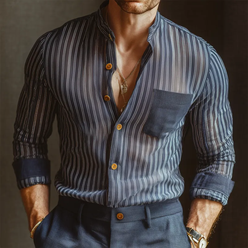 Men's Business Chiffon Striped Stand Collar Long Sleeve Shirt MTA0289H8U sold by Manly product image thumbnail 2