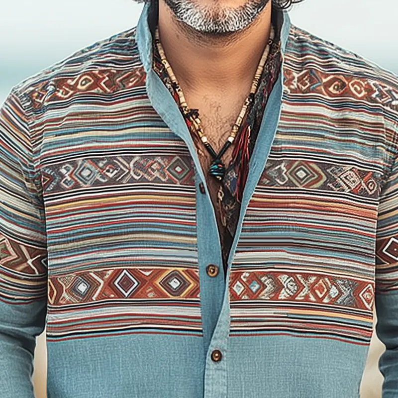 Men's Ethnic Print Stand Collar Long Sleeve Shirt MTA0201H9Z sold by Manly product image thumbnail 3