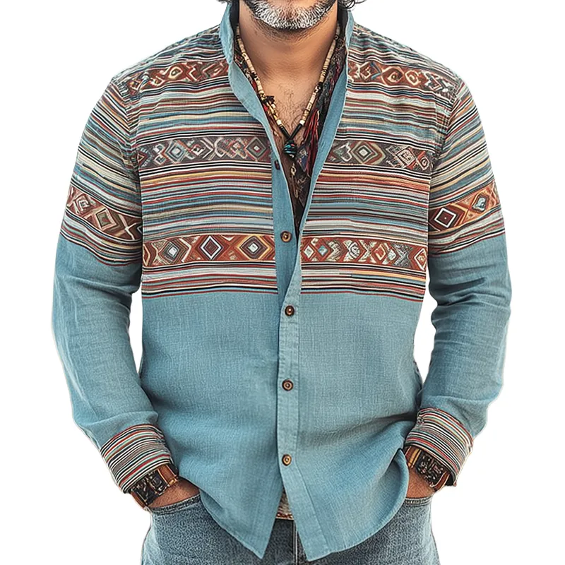 Men's Ethnic Print Stand Collar Long Sleeve Shirt MTA0201H9Z sold by Manly