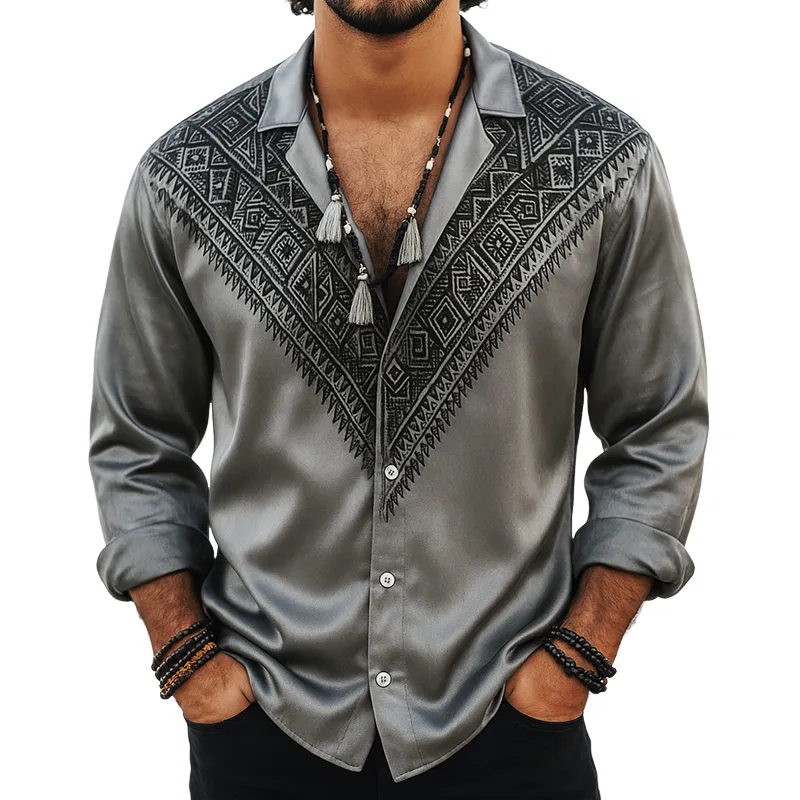 Men's Ethnic Print Satin Lapel Long Sleeve Shirt MTA0207H3Z sold by Manly