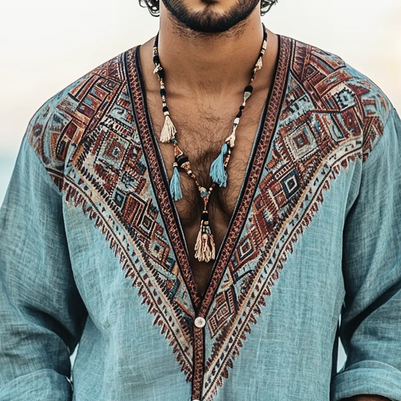 Men's Ethnic Print V Neck Long Sleeve Shirt MTA0279H9Z sold by Manly product image thumbnail 3