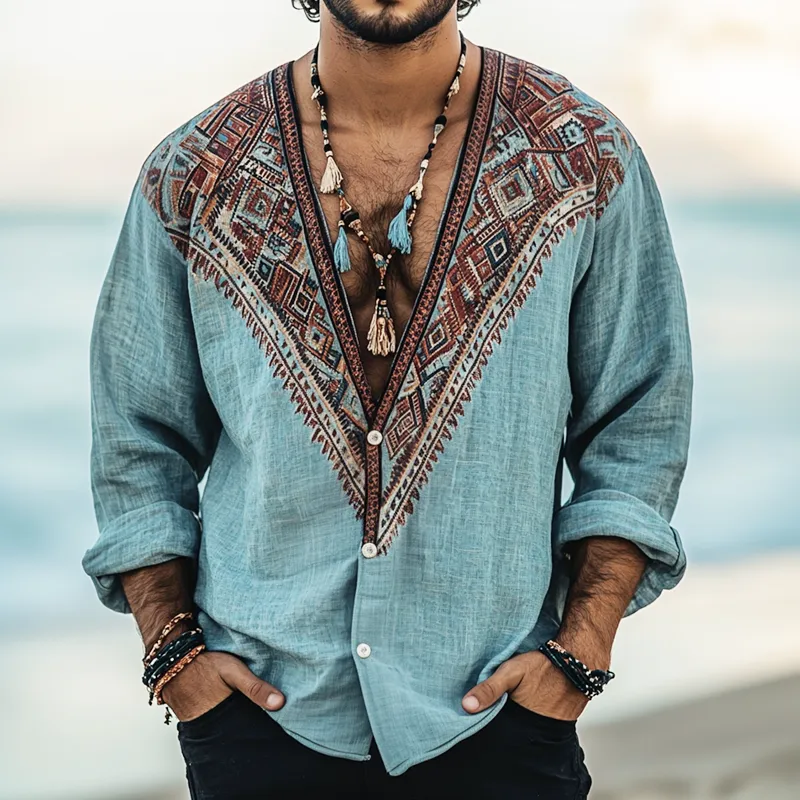 Men's Ethnic Print V Neck Long Sleeve Shirt MTA0279H9Z sold by Manly product image thumbnail 2