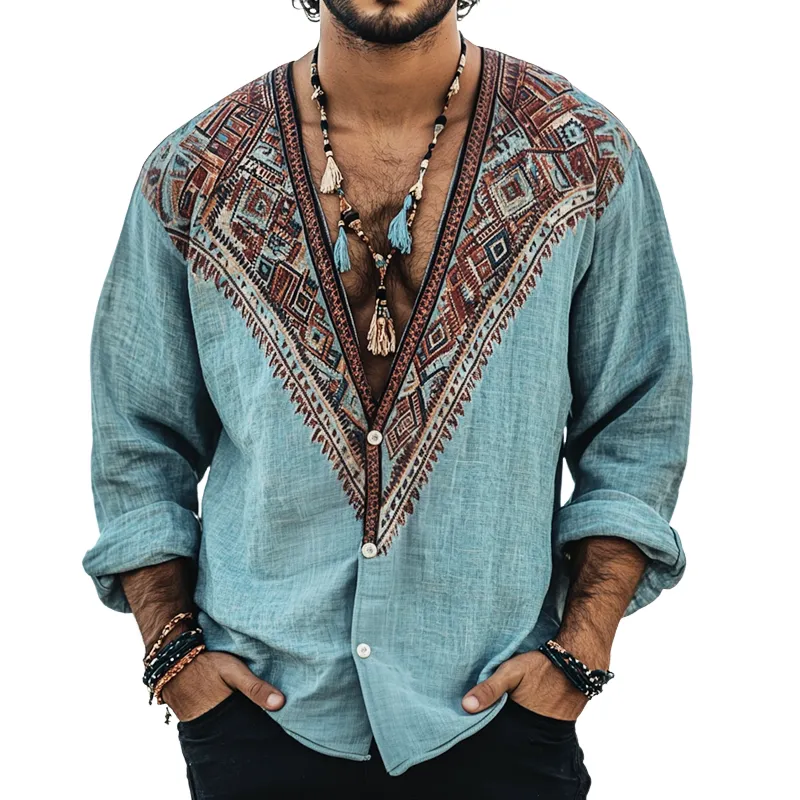 Men's Ethnic Print V Neck Long Sleeve Shirt MTA0279H9Z sold by Manly