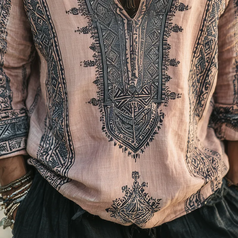 Men's Ethnic Print V Neck Long Sleeve Shirt MTA0271H6Z sold by Manly product image thumbnail 3