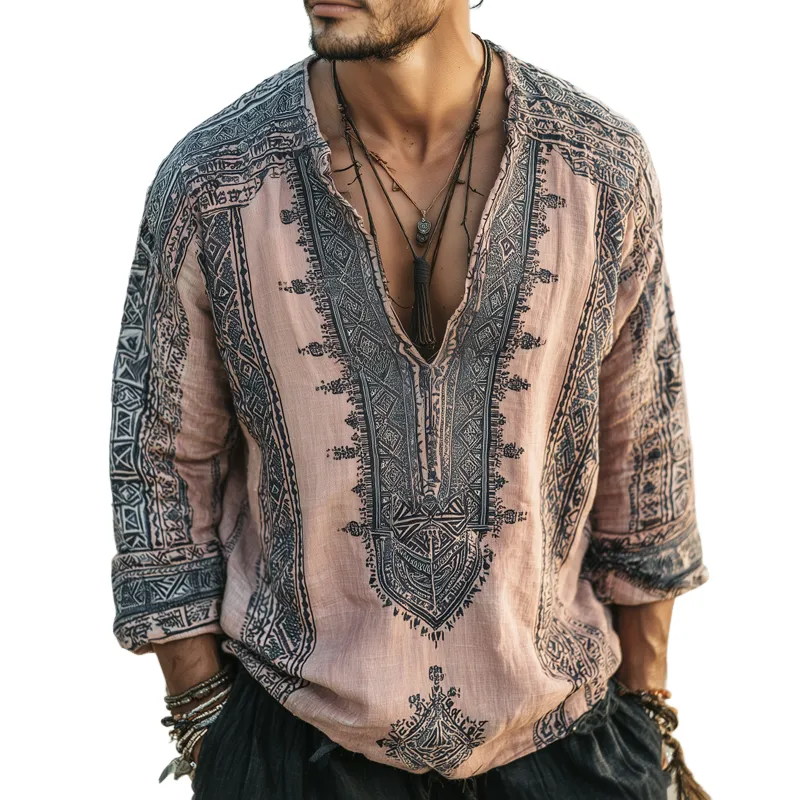 Men's Ethnic Print V Neck Long Sleeve Shirt MTA0271H6Z sold by Manly