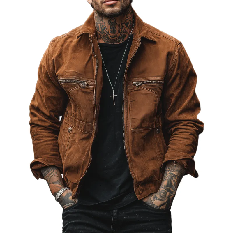 Men's Washed Cotton Lapel Multi-pocket Zipper Cargo Jacket MTA0119H7Z sold by Manly