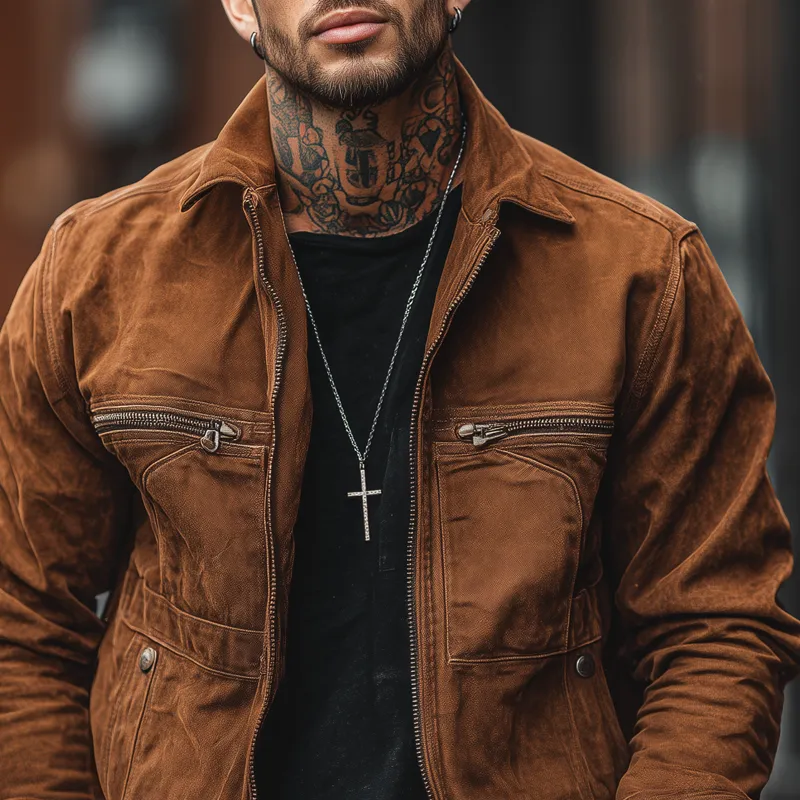 Men's Washed Cotton Lapel Multi-pocket Zipper Cargo Jacket MTA0119H7Z sold by Manly product image thumbnail 3