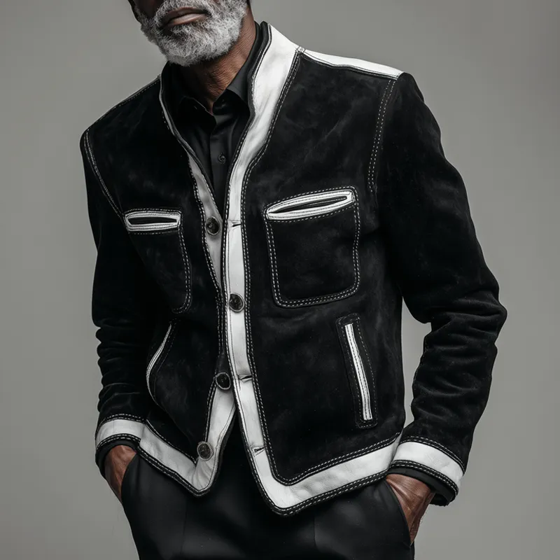 Men's Colorblock Faux Suede Stand Collar Multi-pocket Bike Jacket MTA0222H5Z sold by Manly product image thumbnail 2